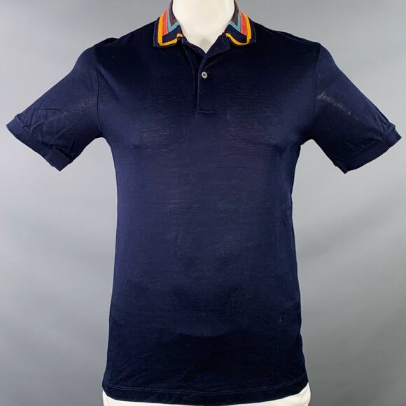 PAUL SMITH Size L Navy Multi Color Contrast Trim Cotton Short Sleeve Polo - Picture 1 of 9